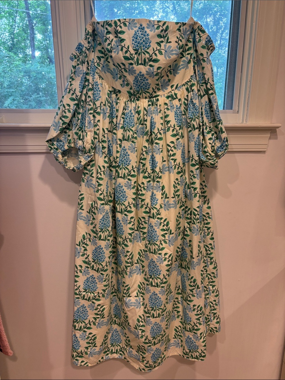 Anthropologie Cream Midi Dress with Blue Floral Print